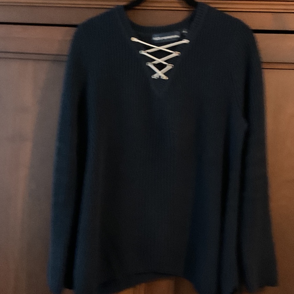 525 America Navy Sweater with Lace-Up V-Neck